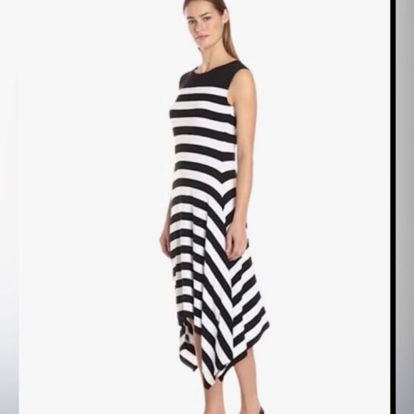 Vince Camuto black sleeveless white stripe two tone T-shirt maxi summer dress S - Picture 11 of 12